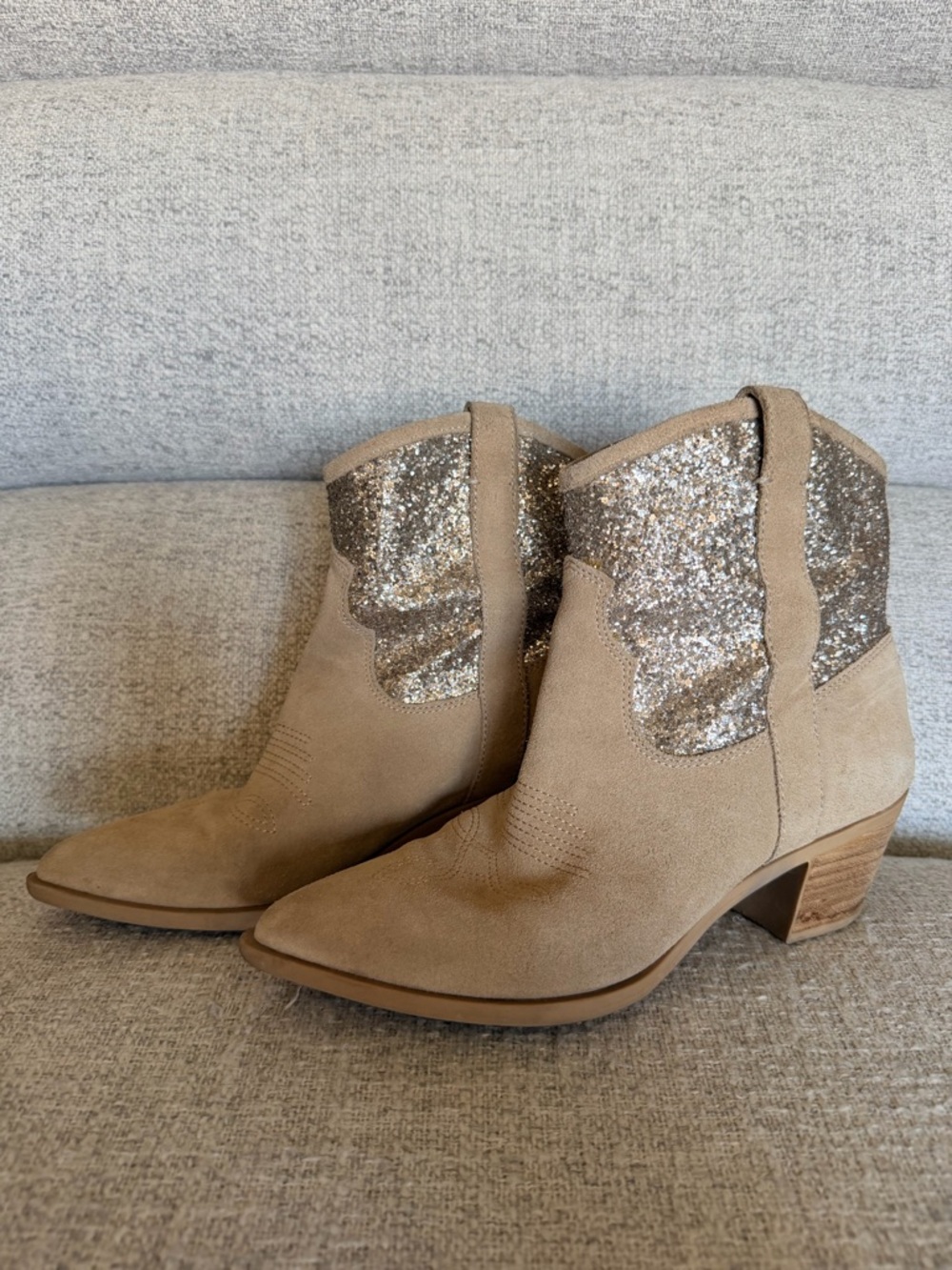 Dolce Vita Tan Suede Ankle Boots with Silver Glitter Collar